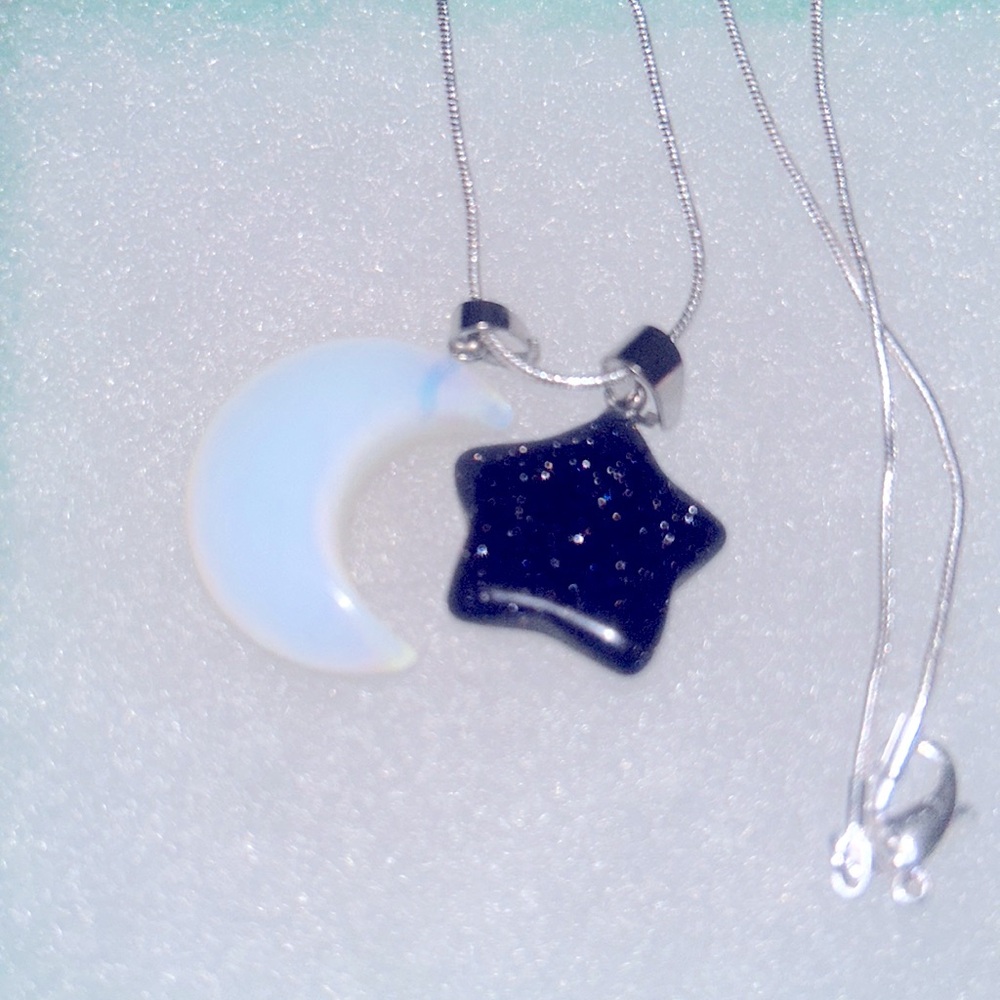 Boho Hippie Natural Blue Goldstone Star & Opal Moon Silver 24” Ne… - Picture 2 of 6